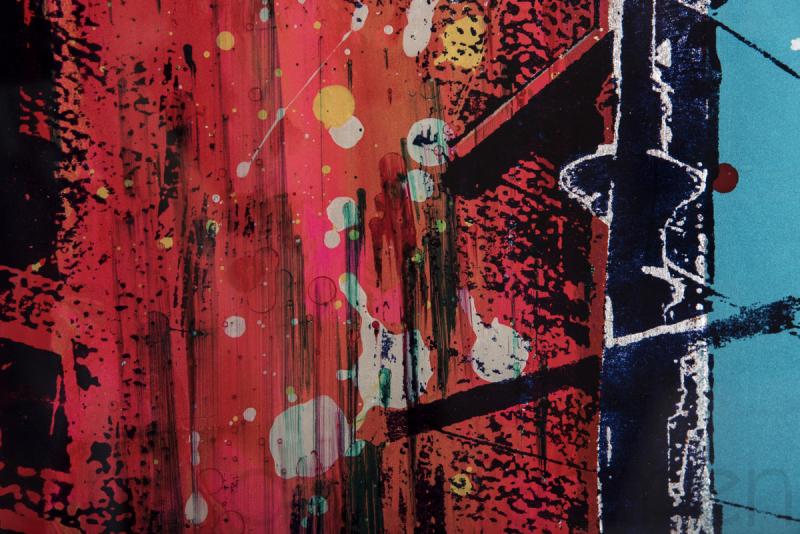 Eine Interesante combination aus Handsiebdruck,Malerei und Schlagmetall unterAcrylglas  von der aufsteigenden Berliner Künstlerin Sandra Rauch in der Kunstgallerie einBild einRahmen